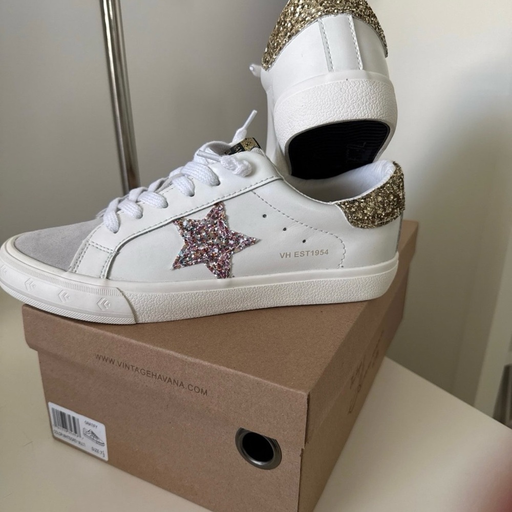 Vintage Havana White Sneakers with Gold Glitter Accents